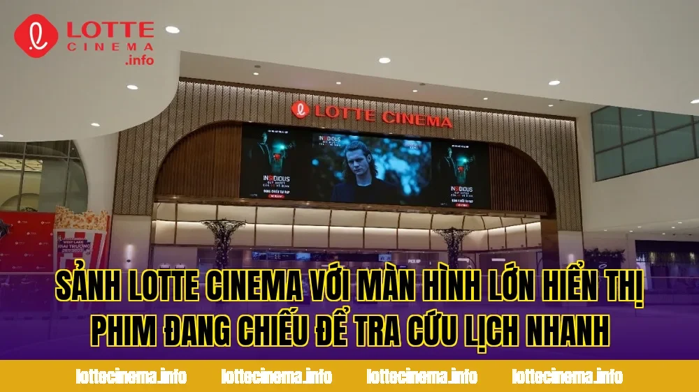Sảnh Lotte Cinema với màn hình lớn hiển thị phim đang chiếu để tra cứu Lịch Chiếu Lotte Cinema